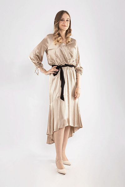 AYHAN 61644 Double Breasted Collar Waist Elastic Belted Skirt Walloon Polka Dot Satin Dress