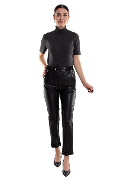 AYHAN 70180 Beli Lastikli Önü Deri Kadın Pantolon