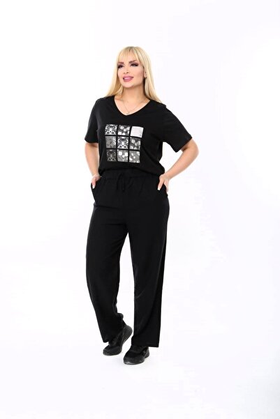 vividbutik Large Size V-Neck Gold Patterned T-Shirt