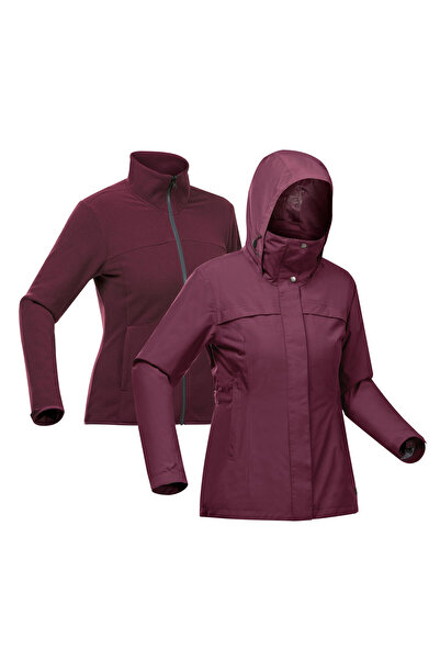 Decathlon Women's 3 in 1 Waterproof Outdoor Trekking Coat - Claret Red - Travel 100 - 0°c