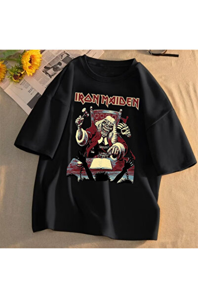 DEEFWEAR Tricou negru unisex supradimensionat cu logo-ul Iron Maiden din seri...