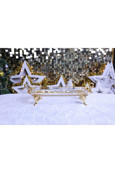 Elta Collection Pasabahce Crystal Metal Leg Gilded Presentation Holder Cookie Tray