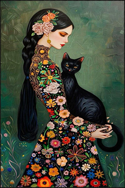 Rugs Modern Halı Çiçekli Kedi ve Kadın Renkli Dekoratif Halı miravip742