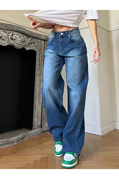 Violon Mavi Yıkamalı Eskitme Retro Baggy Unisex Wide Leg Pantolon Jeans