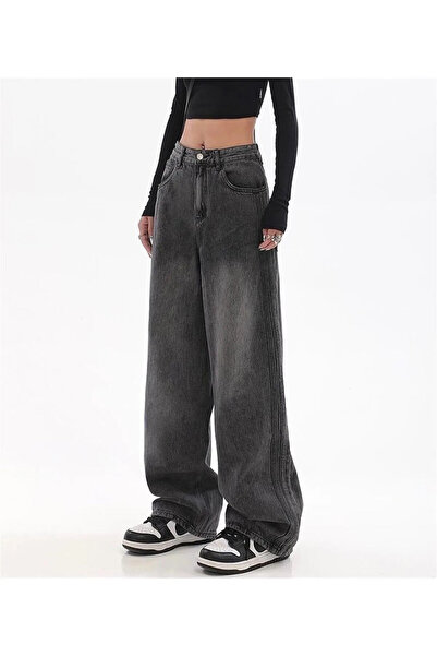 Violon Siyah Eskitme Retro Baggy Unisex Wide Leg Pantolon Jeans