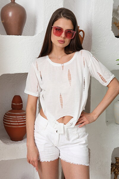 KSV Collection Λευκό Crop - Γυναικείο με λεπτομέρεια σχισμής και δέσιμο