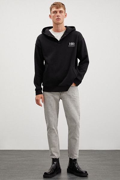 GRIMELANGE Hannes Men's Hooded Snap Closure Printed Black Sweatshirt