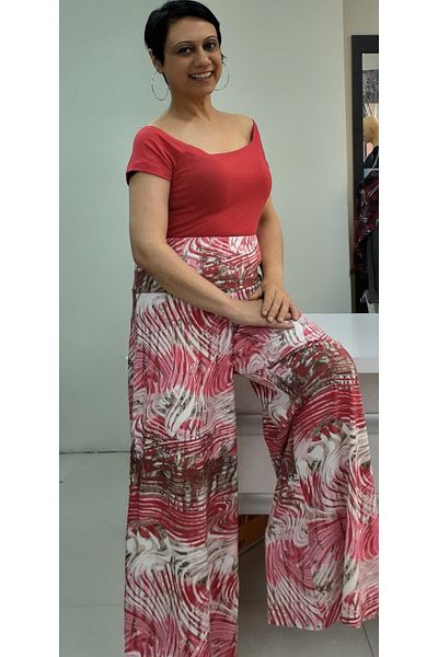 Mertcan Butik Red pink patterned elastic waist wide leg combed cotton viscose trouser skirt