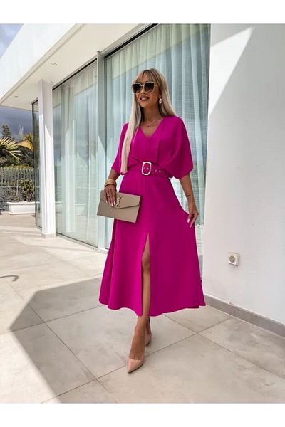 FEHAL GİYİM CESIA ITALIAN FABRIC BELTED SHORT SLEEVE FULL-LENGTH DRESS