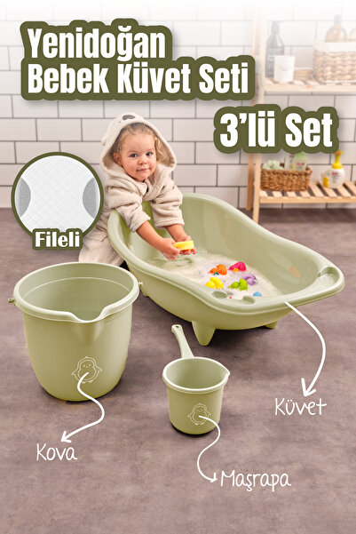 Vienev 3'lü Set Fileli Yenidoğan Küvet Seti Yeşil