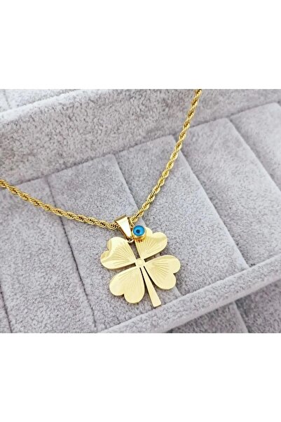 CAXBERN 22 Ayar Altın Kaplama Yonca Nazar Boncuklu Burgu Zincir Kolye