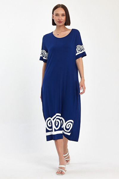 AYASOFYA OTANTIK Rochie de damă din bumbac pieptănat cu imprimeu albastru, cu detalii de broderie