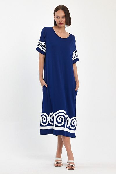 AYASOFYA OTANTIK Rochie de damă din bumbac pieptănat cu imprimeu albastru, cu detalii de broderie
