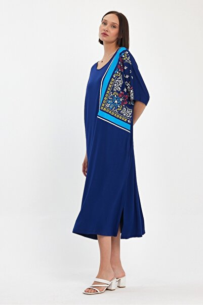 AYASOFYA OTANTIK Women's Blue Print Ethnic Embroidery Detailed Oversize Casual Combed Cotton Dress