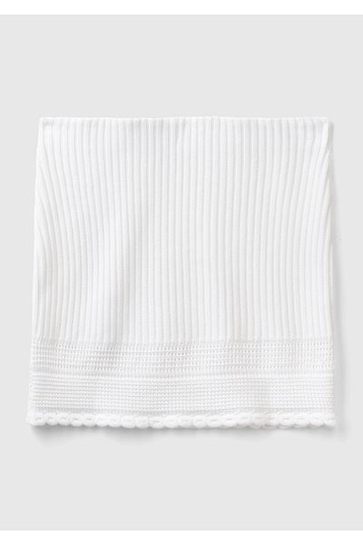 United Colors of Benetton Fusta mini din tricotaje albe - 100% bumbac, fund cu motive, franjuri