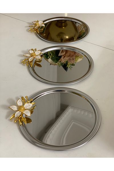 Elzemm store STEEL ROUND 3 PIECES LARGE FLOWERED SERVICE AND PRESENTATION TABLE