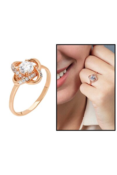 Tesbihane Zirkon Tektaşlı Samanyolu Tasarım Rose Renk 925 Ayar Gümüş Bayan Yüzük