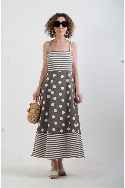 Zelish My Sister Khaki Polka Dot Strappy Linen Dress