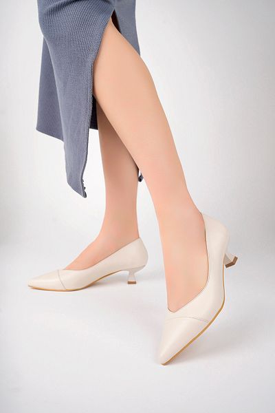 Deripabuc Genuine Leather Beige Women's Leather Heeled Shoes Trc-63816