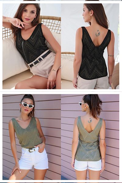 StarBlue V-neck Sleeveless Glitter Detailed Women's Blouse - Pack of 2 Black-khaki