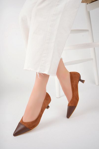 Deripabuc Genuine Leather Brown Suede Women's Leather Heeled Shoes Trc-63816