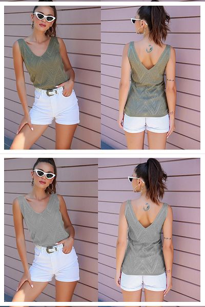 StarBlue V-neck Sleeveless Strap Glitter Women's Blouse - Pack of 2 Khaki-grey