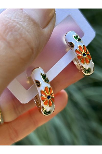 ByMerve Bym313 Vintage Flower Patterned Enameled White Hoop Model Women's Steel Earrings