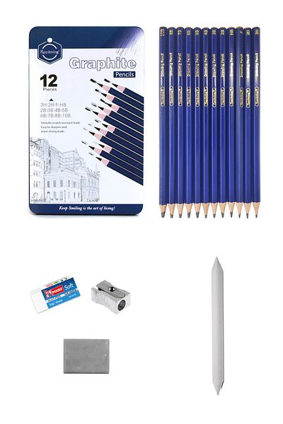 ACUTO Charcoal Drawing Set Metal Boxed Sketch Set 12 Grade Pencil Dough Eraser Pastel Dispenser