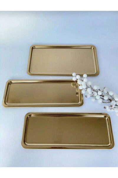 AHİR TİCARET Gold Dikdörtgen Servis Sunum Tepsisi 3 Farklı Boylarda
