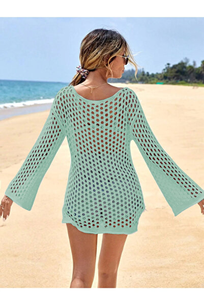 AQE FASHION Διχτυωτό λεπτομερές σκίσιμο μανίκι Valon μακρυμάνικο πλεκτό μπλούζα μέντας