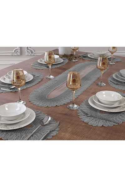 Çt Çeyizci Tekstil American Placemat, 1 Runner 6 Plate Food Service Set, Tablecloth Set, Service Presentation Set Gray
