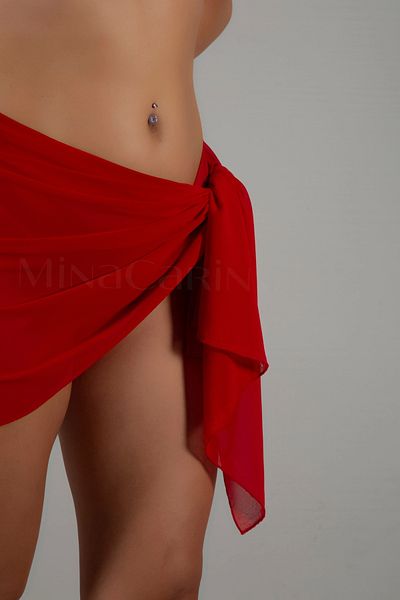 MinaCarin Red Tulle Pareo Women's Transparent Waist Tied Women's Beach Dress