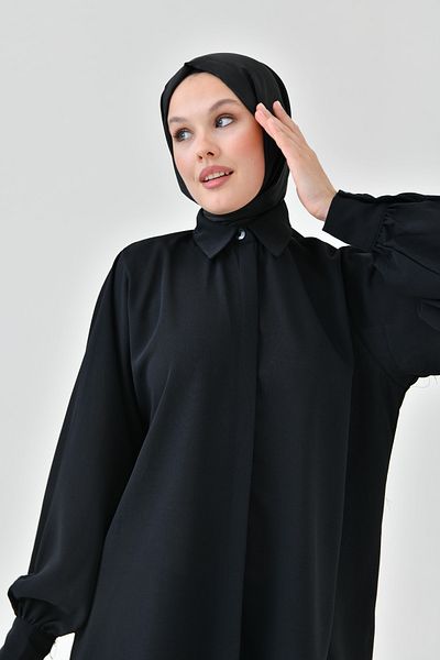bayansepeti Black Long Sleeve Shirt and Pleated Wide Leg Black Pants Hijab Bottom-Top Set 2051