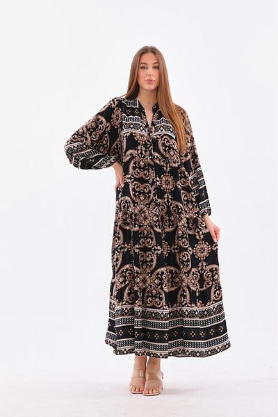 AYASOFYA OTANTIK Women's Navy Blue Button Detailed Patched Collar Ethnic Patterned Long Dress with Elastic Sleeve and Balloon Sleeves