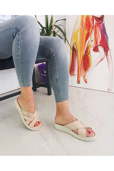 GDT Ayakkabı Skin Color Genuine Leather Flat Sole Women's Slippers