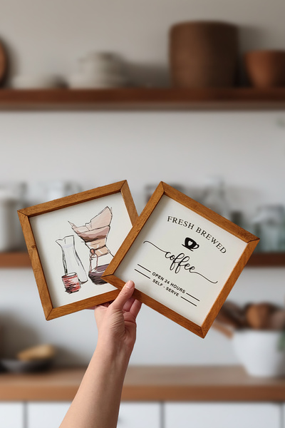 Yoko Home Kahve Köşesi, Fresh Brewed Ahşap Çerçeveli Tablo Seti