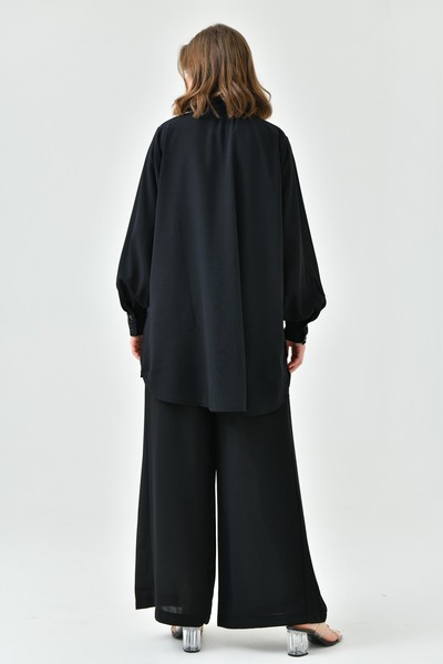 lovebox Women's Black Long Sleeve Shirt and Pleated Wide Leg Black Pants Bottom-Top Set 2051