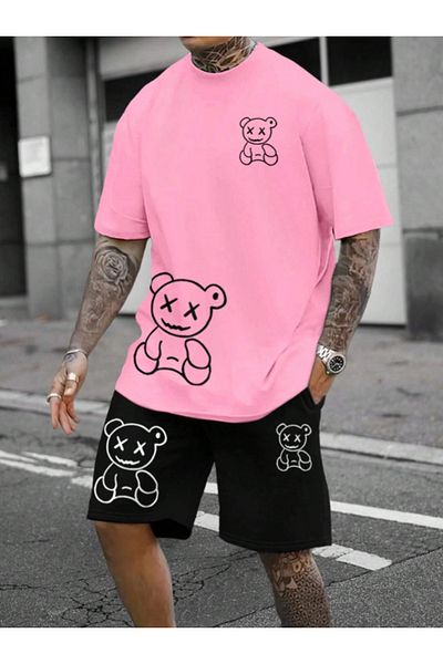 Revasser Unisex dámské/mužské triko s růžovým medvědem na zakázku s potištěnými šortkami