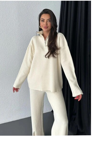 BlueTex Γυναικείο πλεκτό σετ με ριμπ λαιμόκοψη με φερμουάρ στο πόδι και σκισί...