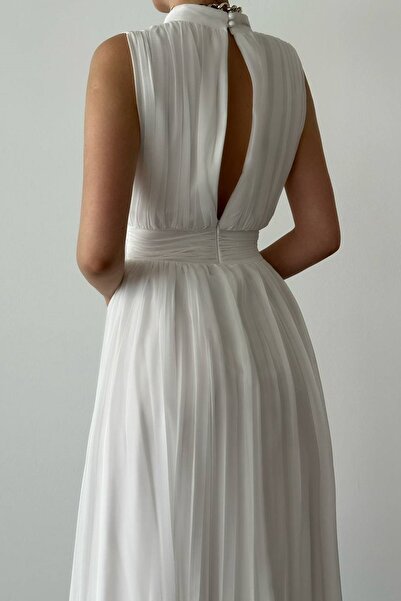 lovebox Rochie de seară maxi, albă, fără mâneci, pentru femei, din țesătură din șifon, cu guler la spate, decoltat, 099