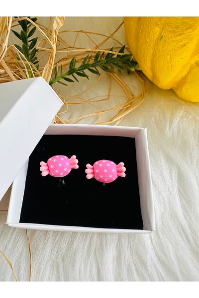 1PARÇAMAVİ Pink Candy Transparent Clip Children's Earrings - for Non-perforated Ears
