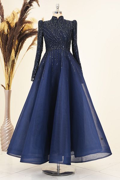 Surikka Draped Front Applique Embroidered Mila Evening Dress - Navy Blue