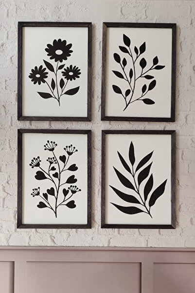 Yoko Home Bitki ve Çiçek Desenli Tablo Seti - 4'lü Set, 3 mm MDF, Siyah Ahşap...