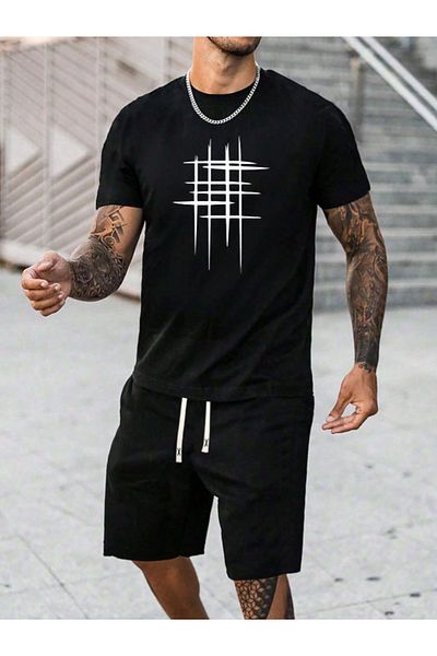 Revasser Σετ μπλουζάκι Unisex Γυναικείο/Ανδρικό ριγέ προσαρμοσμένο εμπριμέ σορτς