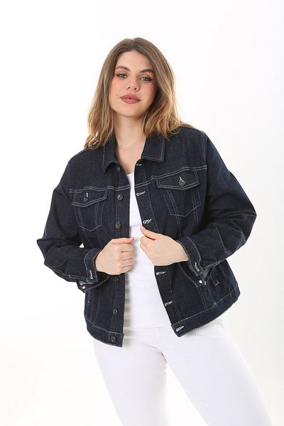 Şans Women's Large Size Navy Blue Front Button Lycra Jeans Coat 65N37576