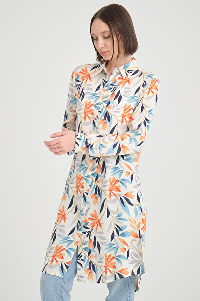 MODAQU Τονίκ πουκάμισο βισκόζης με σχέδιο σε φύλλα - λευκό