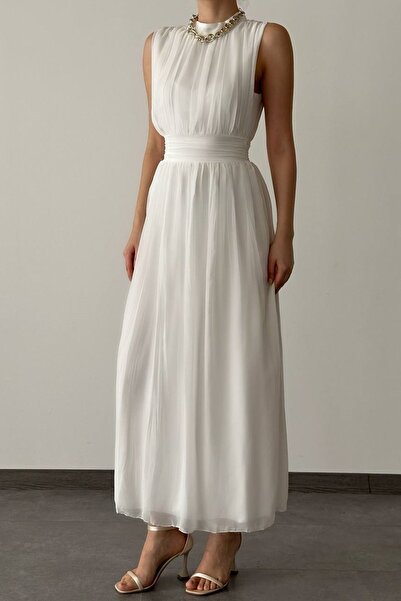 WOMAN VISION Γυναικείο φόρεμα μάξι με λευκή επένδυση από ύφασμα σιφόν γιακά πίσω Χαμηλή λεπτομέρεια Αμάνικο Maxi φόρεμα 099