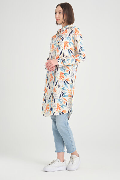 MODAQU Τονίκ πουκάμισο βισκόζης με σχέδιο σε φύλλα - λευκό