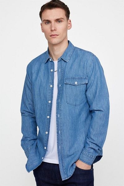 Tudors Slim Fit Long Sleeve Slim Fit Single Pocket Capped Cotton Denim Blue Shirt