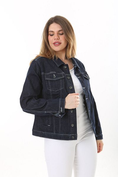 Şans Women's Large Size Navy Blue Front Button Lycra Jeans Coat 65N37576